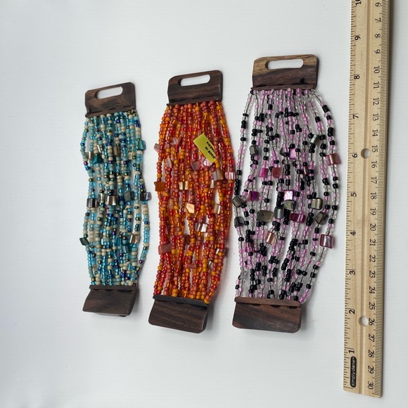 Lot of 3 Artisan made Multi Strand Beaded Bracelets w/ Wood Clasps Indonesia - Picture 2 of 2